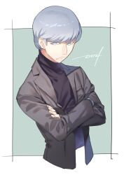 1boy absurdres albert_heinrich black_shirt black_suit closed_mouth crossed_arms cyborg cyborg_009 formal_clothes grey_eyes grey_hair hair_between_eyes half-closed_eyes highres looking_at_viewer male_focus mechanical_hands shirt short_hair simple_background soldier suit upper_body yagi_009
