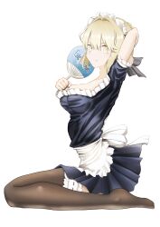 1girl absurdres artoria_pendragon_(fate) beatrix_vivi black_dress black_ribbon blonde_hair braid breasts brown_thighhighs dress fate/stay_night fate_(series) hair_bun hair_ribbon highres long_hair looking_at_viewer maid maid_headdress medium_breasts ribbon saber_alter short_sleeves sidelocks sitting solo thighhighs wariza yellow_eyes