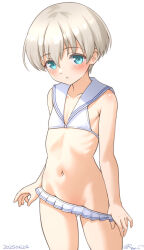 1girl bikini bikini_skirt blue_eyes commentary_request cowboy_shot dated grey_hair groin kantai_collection lowleg lowleg_bikini microskirt navel one-hour_drawing_challenge ray.s sailor_bikini sailor_collar short_hair simple_background skirt solo swimsuit twitter_username white_background white_bikini white_sailor_collar z1_leberecht_maass_(kancolle) z1_leberecht_maass_(swimsuit)_(kancolle)