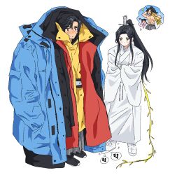1girl 2boys black_coat black_hair black_shoes blue_coat blush bujang chinese_clothes chu_wanning closed_mouth coat crossed_arms erha_he_tadebai_mao_shizun frown full_body hands_in_pockets hanfu heart heart-shaped_eyes high_ponytail holding holding_whip korean_commentary long_hair long_sleeves looking_ahead looking_at_another male_focus mo_ran multiple_boys muscular muscular_male ponytail purple_eyes red_coat shoes speech_bubble standing sweat tapping_foot thought_bubble white_coat white_hanfu white_shoes wide_sleeves xiao_guan_(headdress) yellow_eyes