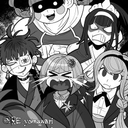 &gt;_&lt; 1boy 3girls anger_vein angry blush_stickers braid choker clenched_hands cracked_skin crying earrings eye_print eyepatch face_piercing furukawa_(yomawari) greyscale hair_ornament hairband hand_on_own_hip haori highres japanese_clothes jewelry kimono kirifuji_nozomi long_hair magadori_kyoshika mojiro_moko monochrome multiple_girls omokage_yugamu oosuzuki_kurara open_mouth piercing shaded_face short_hair the_hundred_line_-last_defense_academy- twintails twitter_username