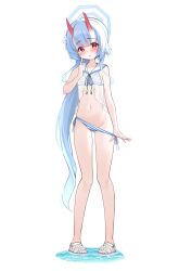 1girl absurdres bare_shoulders bikini bikini_bottom_pull blue_hair blue_halo breasts chise_(blue_archive) chise_(swimsuit)_(blue_archive) finger_to_cheek full_body groin halo highres horns long_hair navel official_alternate_costume sailor_collar sandals simple_background skin-covered_horns small_breasts solo striped_bikini striped_clothes swimsuit tisofofo very_long_hair white_background white_sailor_collar white_sandals