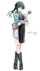 1girl 2024 apron aqua_shirt bandaid bandaid_on_arm bandaid_on_knee bandaid_on_leg black_apron black_boots black_eyes boots closed_mouth commentary_request full_body gloves hands_up highres kimi_wa_meido-sama long_hair looking_at_viewer low_twintails shirt shorts shotan simple_background standing twintails white_background white_gloves white_shorts yuki_(kimi_wa_meido-sama)