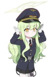 1girl black_cat03 blue_archive halo hikari_(blue_archive) long_hair military_uniform nazi pointy_ears rabbit_pose simple_background solo wavy_hair white_background yellow_eyes