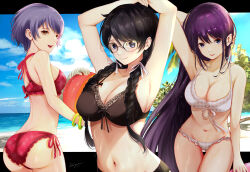 Rule 34 | 3girls, absurdres, arm behind head, arms up, ass, bakemonogatari, ball, beach, beachball, bikini, black bikini, black border, black eyes, black hair, blue sky, border, braid, breasts, butt crack, cleavage, closed mouth, commentary, glasses, hair ribbon, hanekawa tsubasa, highres, holding, holding ball, holding beachball, kanbaru suruga, large breasts, letterboxed, long hair, looking at viewer, medium breasts, monogatari (series), multiple girls, navel, nui gurumi, open mouth, outside border, parted lips, purple hair, red bikini, ribbon, senjougahara hitagi, short hair, side-tie bikini bottom, signature, sky, smile, stomach, swimsuit, twin braids, white bikini, white ribbon