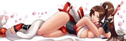 Rule 34 | 1girl, bare shoulders, breasts, brown eyes, brown hair, cleavage, closed mouth, commentary, elbow rest, falling petals, fatal fury, full body, hakuramen, hand fan, high ponytail, highres, holding, holding fan, large breasts, long hair, looking at viewer, lying, ninja, on side, parted bangs, petals, pink petals, ponytail, revealing clothes, sash, shiranui mai, signature, smile, solo, street fighter, street fighter 6, the king of fighters, thighs, toeless footwear, white background