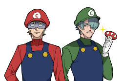 Rule 34 | 2boys, blonde hair, blue hair, blue overalls, challia bull, char aznable, char aznable (cosplay), commentary request, cosplay, facial hair, gloves, green sweater, gundam, gundam gquuuuuux, highres, holding, holding mushroom, looking at viewer, luigi, luigi (cosplay), male focus, mario, mario (cosplay), mario (series), mobile suit gundam, multiple boys, mushroom, mustache, nintendo, overalls, red sweater, sabi1234, short hair, simple background, smile, super mushroom, sweater, upper body, white background, white gloves
