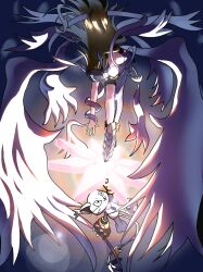 absurdres angel angewomon animal_hands bare_shoulders blonde_hair body_fur bodysuit breasts cat cleavage digimon digimon_(creature) digimon_adventure evolutionary_line gloves head_wings helmet highres long_hair papipupepopth paw_gloves tail tail_ornament tail_ring tailmon white_bodysuit white_fur white_wings winged_helmet wings