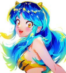 1girl animal_print bare_shoulders bikini blue_hair blush close-up cone_horns fangs highres horns long_hair lum oni open_mouth pointy_ears sidelocks small_horns smile strapless strapless_bikini swimsuit themoonrabbit tiger_print urusei_yatsura yellow_bikini yellow_eyes yellow_horns