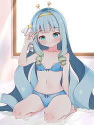 1girl absurdres blue_bra blue_eyes blue_hair blue_panties bow bra braid breasts commission drill_hair flat_chest highres indoors jelly_hoshiumi kneeling kyoichi long_hair looking_at_viewer on_bed panties phase_connect ribbon room small_breasts solo star_(symbol) sunlight thighs twin_braids twin_drills underwear underwear_only v very_long_hair virtual_youtuber window