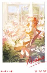 1girl absurdres blue_eyes breasts choker dated dress feet_out_of_frame flower hair_between_eyes hair_ornament highres interface_headset_(evangelion) long_hair madao07979 medium_breasts neon_genesis_evangelion orange_hair plant polaroid_photo smile solo souryuu_asuka_langley two_side_up window yellow_dress