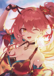 1girl bare_shoulders black_choker black_gloves blush breasts chinese_clothes choker cleavage collarbone commentary detached_sleeves diamond-shaped_pupils diamond_(shape) dress flower gloves guinaifen_(honkai:_star_rail) hair_flower hair_ornament hand_up highres honkai:_star_rail honkai_(series) large_breasts long_hair looking_at_viewer one_eye_closed orange_eyes ponytail red_dress red_hair short_sleeves side_ponytail solo symbol-shaped_pupils upper_body v yanjem