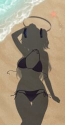 1girl absurdres beach bikini black_bikini blue_archive commentary_request dressed_shadow_(meme) female_pov hair_ornament halo highres implied_nudity meme ocean pov rianya07 sand shadow side-tie_bikini_bottom starfish swimsuit thigh_gap triangle_hair_ornament two_side_up unworn_bikini unworn_bikini_bottom unworn_bikini_top yuuka_(blue_archive)