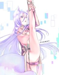 Rule 34 | animal ears, apollousa bow of the goddess (cosplay), bulge, cosplay, fox ears, grey hair, lingerie, male focus, shoulderless dress, signature, split, standing, standing on one leg, standing split, underwear, yanami (yanayana company)