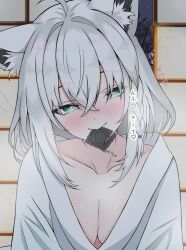 1girl ahoge alternate_costume animal_ear_fluff animal_ears blush braid breasts cleavage condom condom_in_mouth condom_wrapper fox_ears fox_girl heart heart_in_eye highres hololive johnny_0716 mouth_hold shirakami_fubuki side_braid single_braid symbol_in_eye virtual_youtuber white_hair