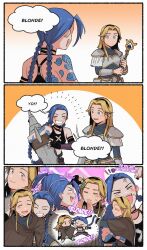 2girls 3koma :d armor black_shirt blonde_hair blue_eyes blue_hair bowwow_(hamju94) braid breastplate cloud_tattoo comic crop_top english_text grin hug jinx_(league_of_legends) league_of_legends long_hair lux_(league_of_legends) multiple_girls open_mouth orange_background shirt shoulder_armor smile speech_bubble tattoo teeth twin_braids white_background