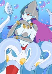 Rule 34 | bracelet, calamaramon, digimon, digimon (creature), earrings, jewelry, long hair, monster girl, pixiv user (956762), purple hair, red eyes, squid girl, tentacles
