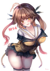Rule 34 | 1girl, absurdres, blue skirt, blush, breasts, brown hair, cleavage, girls&#039; frontline, highres, large breasts, looking at viewer, m14 (girls&#039; frontline), martinreaction, miniskirt, orange eyes, shirt, skirt, smile, solo, thighs, twintails, yellow shirt