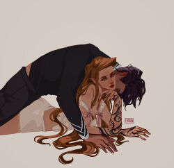 1boy 1girl a_court_of_thorns_and_roses_(series) arm_tattoo artist_logo artist_name black_hair black_pants black_shirt blue_eyes bow boy_on_top brown_hair bustier closed_eyes commentary couple elithien english_commentary feyre_archeron hand_tattoo hetero highres logo long_hair lying on_stomach pants pointy_ears rhysand_(acotar) shirt tattoo underwear very_long_hair