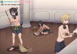 Rule 34 | 3girls, barefoot, black hair, blonde hair, breasts, broom, bucket, bucket of water, cleaning, collar, cuffs, dark-skinned female, dark skin, dreadlocks, forehead jewel, kneeling, large breasts, leila (magi), magi the labyrinth of magic, medium breasts, multiple girls, nipples, sahsa, shackles, short hair, slave, slave clothes, sweeping, the dark mangaka, topless female, toto (magi)