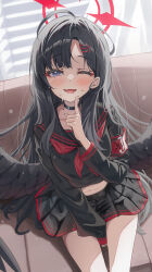 1girl absurdres angel_wings armband black_choker black_hair black_sailor_collar black_serafuku black_wings blue_archive choker grey_eyes halo highres ichika_(blue_archive) long_hair neckerchief red_armband red_halo red_neckerchief sailor_collar school_uniform serafuku shj1998z solo thighs wings