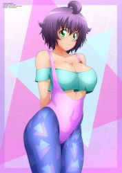 1girl ahoge arms_behind_back blue_pantyhose blue_shirt blush breasts cleavage collarbone green_eyes grid highres large_breasts leotard looking_at_viewer multicolored_background pantyhose pink_leotard print_pantyhose purple_hair shirt short_hair short_sleeves smile standing triangle_print yukino_akaihi yukino_memories zel-sama