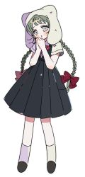 1girl absurdres black_dress black_shoes blush bow bowtie braid collared_shirt dress full_body green_hair grey_eyes hair_bow highres hood hood_up long_hair looking_at_viewer open_mouth original own_hands_together pinafore_dress pleated_dress red_bow red_bowtie school_uniform shirt shoes short_sleeves simple_background sleeveless sleeveless_dress socks solo standing twin_braids white_background white_shirt white_socks yalmyu