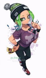 1girl artist_name beanie black_hat black_pants blue_hair breasts closed_mouth collarbone commentary drink drink_bag drinking drinking_straw drinking_straw_in_mouth full_body gradient_hair green_eyes green_hair hand_on_own_hip hat highres holding holding_drink holding_ticket jinkoika large_breasts medium_hair multicolored_hair nintendo octoling octoling_girl octoling_player_character pants parted_bangs pom_pom_(clothes) pom_pom_beanie purple_shirt shirt shoes short_sleeves sneakers solo splatoon_(series) standing standing_on_one_leg sweatband t-shirt tentacle_hair ticket two-tone_hair white_shoes wristband
