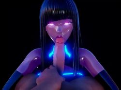 1boy 1girl 3d :&gt;= android animated black_background black_hair black_shirt black_sleeves blunt_bangs clothed_female_nude_male colored_skin detached_sleeves erection fellatio glowing glowing_eyes halterneck harimau_mmd2 hetero hime_cut holding long_hair long_sleeves looking_at_viewer looping_animation lying mikumikudance_(medium) nude on_back oral original penis penis_grab pov purple_eyes purple_skin robophilia robot robot_girl shiny_clothes shiny_skin shirt sidelocks simple_background staring uncensored video