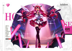 1girl absurdres black_thighhighs blue_eyes character_name detached_sleeves double_halo dress english_text fluffycatfish glowstick halo heterochromia highres holding holding_glowstick holding_microphone hololive hololive_english irys_(hololive) irys_(irys_2.0)_(hololive) looking_at_viewer microphone multicolored_hair open_mouth penlight_(glowstick) pink_shoes pointy_ears red_eyes red_hair red_skirt shoes skirt solo star_halo streaked_hair thighhighs virtual_youtuber white_dress white_sleeves wings