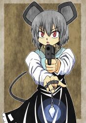 Rule 34 | 1girl, absurdres, aiming, aiming at viewer, animal ears, black skirt, brown background, commentary request, cowboy shot, crystal, grey hair, gun, handgun, highres, holding, holding gun, holding weapon, hunter x hunter, jewelry, kiringi, long sleeves, looking at viewer, mouse ears, mouse girl, mouse tail, nazrin, one-hour drawing challenge, open mouth, parody, pendant, red eyes, shirt, short hair, skirt, solo, tail, togashi yoshihiro (style), touhou, v-shaped eyebrows, weapon, white shirt