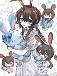 1girl absurdres amiya_(arknights) animal_ears arknights blue_eyes brown_hair chibi chinese_commentary commentary_request dress highres holding holding_stuffed_toy long_hair looking_at_viewer multiple_views open_mouth ponytail puffy_short_sleeves puffy_sleeves qielmy rabbit_ears rabbit_girl short_sleeves sketch stuffed_animal stuffed_rabbit stuffed_toy white_dress