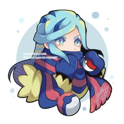 1boy blue_eyes blue_hair blue_mittens blue_scarf commentary english_commentary eyelashes grusha_(pokemon) highres holding holding_poke_ball jacket long_hair long_sleeves male_focus mittens nintendo poke_ball poke_ball_(basic) poke_ball_print pokemon pokemon_sv sandragh scarf scarf_over_mouth signature simple_background solo striped_clothes striped_scarf two-tone_scarf upper_body watermark yellow_jacket