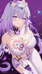 1girl asymmetrical_gloves bare_shoulders black_tiara bra breasts bug butterfly butterfly_on_hand castorice_(honkai:_star_rail) commentary_request elbow_gloves flower flower_ornament gloves hair_flower hair_ornament honkai:_star_rail honkai_(series) insect large_breasts lupang_de_tuanzi open_mouth panties pantyhose pointy_ears purple_background purple_eyes purple_gloves purple_hair single_leg_pantyhose solo thighhighs tiara underwear uneven_gloves white_bra white_panties white_pantyhose white_thighhighs