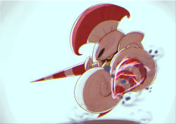 blurry chromatic_aberration commentary_request creatures_(company) escavalier from_side full_body game_freak gen_5_pokemon lance nintendo no_humans pei_ponjun plume pokemon pokemon_(creature) pokemon_focus polearm red_pupils solo weapon yellow_eyes