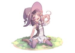 1girl black_ribbon boots brown_boots cat commentary cosplay dress english_commentary fallenshadow gloves grass hairless_cat hat head_tilt highres indie_virtual_youtuber kiirokuma little_witch_nobeta looking_at_viewer medium_hair neck_ribbon nobeta nobeta_(cosplay) open_mouth outdoors purple_eyes purple_hair purple_hat purple_thighhighs ribbon sidelocks sitting sleeveless sleeveless_dress smile solo thighhighs virtual_youtuber wariza white_gloves witch_hat