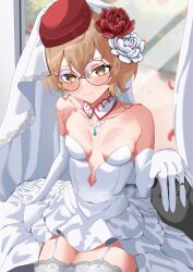 Rule 34 | 1girl, absurdres, beanie, breasts, brown eyes, brown hair, clio aite, closed mouth, collar, collarbone, commission, covered navel, detached collar, dress, elbow gloves, flower, garter straps, glasses, gloves, hat, highres, jewelry, mon monn, phase connect, red flower, red hat, red rose, ring, rose, round eyewear, short hair, sitting, small breasts, smile, solo, strapless, strapless dress, thighhighs, virtual youtuber, wedding dress, white collar, white flower, white garter straps, white gloves, white rose