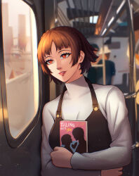 absurdres book braid brown_hair crown_braid highres ikhwan_maulana lips matsuo95 niijima_makoto persona persona_5 red_eyes reflection school_uniform shirt shuujin_academy_school_uniform subway train_interior upper_body white_shirt