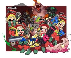 boots chum_(splatoon) cohozuna_(splatoon) e-liter_3k_(splatoon) glooga_dualies_(splatoon) gooodgeee heavy_splatling_(splatoon) inkling inkling_boy inkling_girl inkling_player_character maws_(splatoon) nintendo octoling octoling_boy octoling_player_character rubber_boots salmon_run_(splatoon) salmonid smallfry_(splatoon) splatoon_(series) splatoon_3 steelhead_(splatoon) tentacle_hair undercover_brella_(splatoon)
