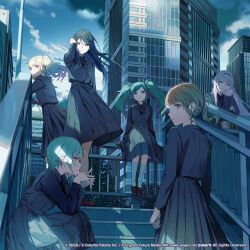 6+girls album_cover band_uniform black_dress black_jacket black_shirt blazer blonde_hair blue_eyes blue_hair blue_headband brown_eyes brown_hair collared_shirt commentary_request company_name copyright_name copyright_notice cover dress dress_shirt floating_clothes floating_hair formal_clothes from_below green_eyes grey_dress grey_hair grey_jacket group_picture hand_in_own_hair hand_on_own_face hatsune_miku headband highres hinomori_shiho hoshino_ichika_(project_sekai) jacket kneehighs kotatiyu leo/need_(project_sekai) leo/need_luka leo/need_miku loafers long_dress long_hair long_sleeves looking_back looking_to_the_side megurine_luka mochizuki_honami multicolored_hair multiple_girls official_art on_railing pinafore_dress pink_eyes pink_hair pleated_dress ponytail project_sekai railing school_uniform shirt shoes short_hair side_ponytail sideways_glance sitting sitting_on_stairs sleeveless sleeveless_dress socks stairs standing tenma_saki twintails two-tone_hair vocaloid white_socks