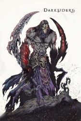 1boy armored_gloves black_hair darksiders death_(darksiders) dual_wielding gloves glowing glowing_eyes holding mask medium_hair muscular muscular_male neon_trim pale_skin purple_scarf red_eyes scarf scythe skull_belt skull_mask trustkill-jonathan weapon