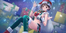 1girl :d bell black_hair blue_reflection_(series) blue_reflection_sun boots box breasts brown_eyes christmas crop_top crop_top_overhang dutch_angle fake_wings fur-trimmed_boots fur-trimmed_headwear fur-trimmed_skirt fur_trim game_cg gift gift_box green_skirt green_thighhighs hand_up hat hat_ornament highres holding holding_sack holly_hat_ornament hoshizaki_ao kishida_mel layered_skirt looking_at_viewer medium_breasts midriff neck_bell non-web_source official_art open_mouth red_boots red_hat red_skirt sack santa_hat sitting skirt sleeveless smile snowflakes snowing solo striped_clothes striped_thighhighs thighhighs vertical-striped_clothes vertical-striped_thighhighs waving white_wings white_wrist_cuffs wings wrist_cuffs