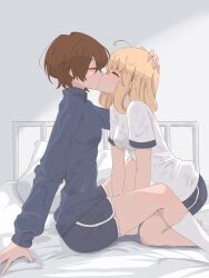 2girls absurdres asagao_to_kase-san between_legs blonde_hair blue_jacket blue_shorts blush brown_hair closed_eyes commentary dolphin_shorts gym_uniform hand_on_another&#039;s_head highres jacket kase_tomoka kiss medium_hair multiple_girls on_bed pillow shirt short_hair short_sleeves shorts socks track_jacket white_shirt white_socks yamada_yui yuri yuriyurisuki