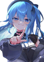 Rule 34 | 1girl, beret, black choker, black jacket, black shirt, blue eyes, blue hair, blue hat, choker, closed mouth, hat, highres, hololive, hoshimachi suisei, hoshimachi suisei (casual), jacket, kamkampan, nail polish, official alternate costume, orange nails, pointing, pointing at viewer, shirt, smile, solo, virtual youtuber