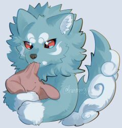 1boy aizawa_(nh_st) biting blue_background blue_fur body_fur deformed furry furry_male highres holding holding_stuffed_toy male_focus original red_eyes simple_background solo stuffed_toy tail upper_body wolf_boy