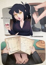 1boy 1girl barefoot black_hair black_nails black_pants black_shoes breasts cleavage collarbone cup desk double-parted_bangs drinking_glass english_text feet footjob_over_clothes footjob_under_table holding holding_cup jacket jewelry large_breasts long_sleeves mole mole_under_eye nail_polish office_lady open_mouth pants ponytail pov purple_jacket renee_graves ring shoes sidelocks sitting speech_bubble the_coffin_of_andy_and_leyley toe_ring toenail_polish toenails toes wine_glass xu53r yellow_eyes