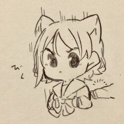 1girl animal_ear_fluff animal_ears bow bowtie cat_ears cat_girl chibi commentary greyscale highres kashikaze kemonomimi_mode looking_at_viewer love_live! love_live!_sunshine!! monochrome school_uniform serafuku short_hair solo_focus traditional_media translation_request upper_body watanabe_you
