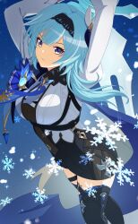 1girl absurdres arms_up ass black_leotard blue_hair blunt_bangs claymore_(sword) commentary_request eula_(genshin_impact) genshin_impact greatsword grey_eyes hair_between_eyes hair_ornament hairband highres holding holding_sword holding_weapon itsumiruka leotard long_sleeves looking_at_viewer medium_hair necktie shoulder_strap sidelocks solo sword thighhighs v-shaped_eyebrows vision_(genshin_impact) weapon zettai_ryouiki