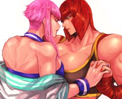 2girls breasts closed_eyes commentary_request green_eyes highres holding_hands large_breasts manon_legrand marisa_(street_fighter) multiple_girls muscular muscular_female nail_polish pink_hair red_hair short_hair simple_background street_fighter street_fighter_6 upper_body white_background yuri zmy-ssh zuman_(zmnjo1440)