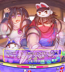 Rule 34 | 2boys, :/, absurdres, aqua eyes, arcade cabinet, black hair, brown hair, commentary request, dated, hair between eyes, highres, leo tail, long hair, male focus, mask, mouth mask, multiple boys, open mouth, ponytail, purple eyes, red mask, red scarf, scarf, short hair, squinting, strider (video game), strider hien, strider hiryuu, sweat, teeth, toned, toned male, twitter username, upper teeth only